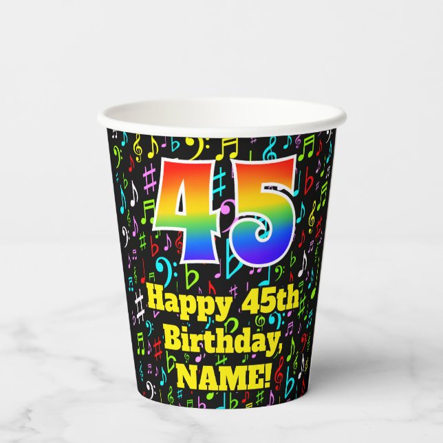 45th Birthday: Fun Music Notes Pattern, Rainbow 45 Paper Cups (Back)