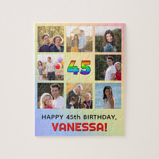 45th Birthday: Fun Rainbow #, Custom Name & Photos Jigsaw Puzzle (Vertical)