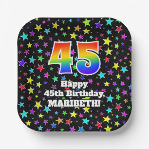 45th Birthday: Fun Stars Pattern and Rainbow “45” Paper Plates