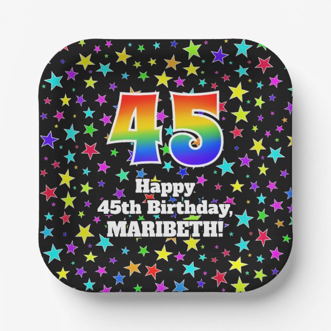 45th Birthday: Fun Stars Pattern and Rainbow “45” Paper Plates (Front)