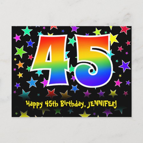 45th Birthday Fun Stars Pattern Rainbow 45 Name Postcard