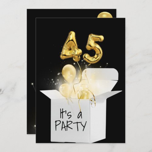 45th Birthday Gold Balloons In White Box   Invitation