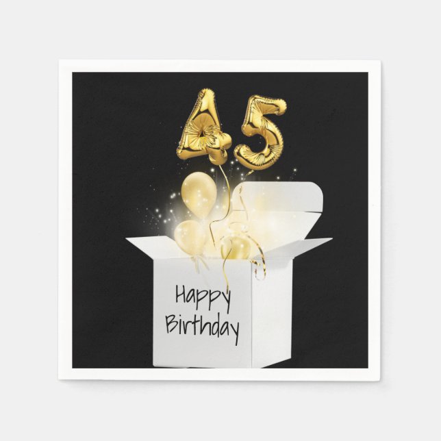 45th Birthday Gold Balloons In White Box  Napkins (Front)