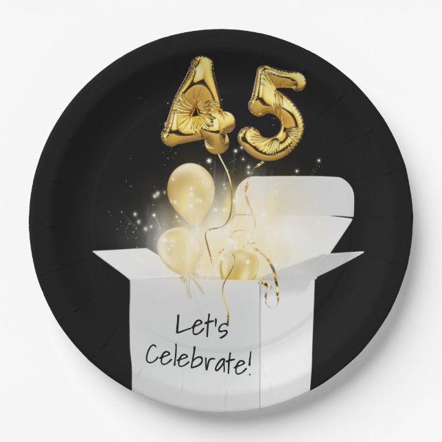 45th Birthday Gold Balloons In White Box     Paper Plates (Front)