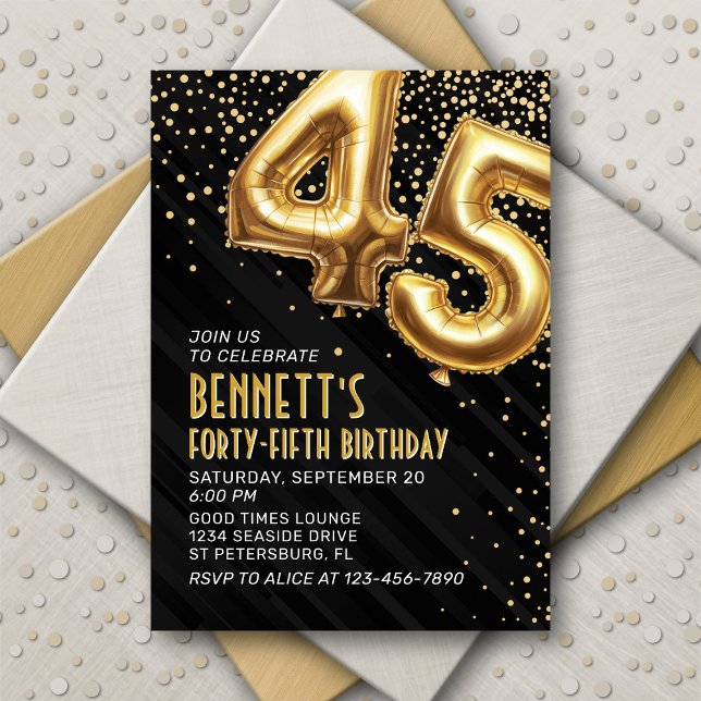45th Birthday Gold Black Invitation (Creator Uploaded)