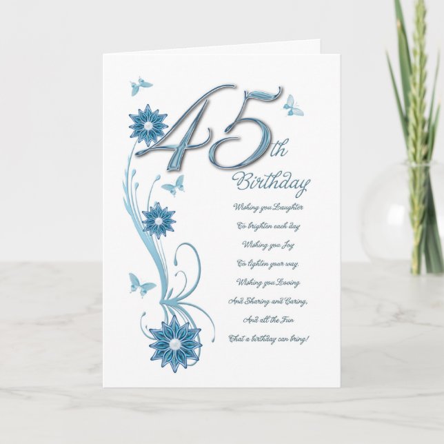 45th birthday in teal with flowers and butterfly card (Front)