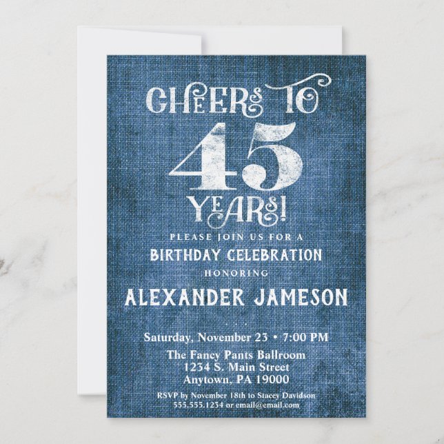 45th Birthday Invitation Blue Linen Rustic Cheers (Front)
