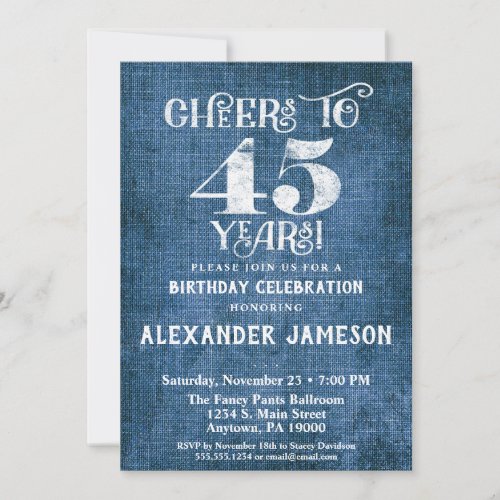 45th Birthday Invitation Blue Linen Rustic Cheers