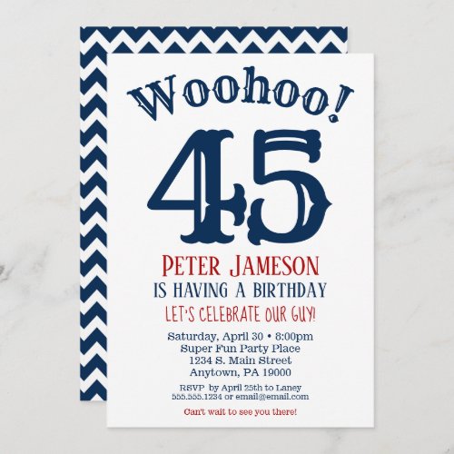 45th Birthday Invitation Mens Navy Blue