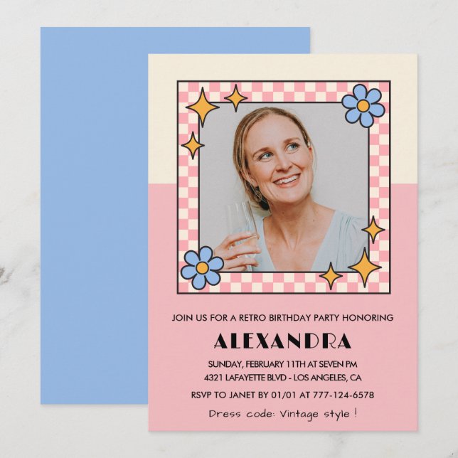 45th birthday invitation Retro Groovy Pink Flowers (Front/Back)