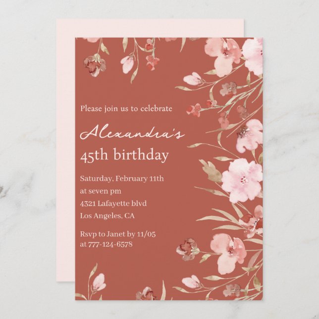 45th birthday invitations Boho Floral Chic (Front/Back)