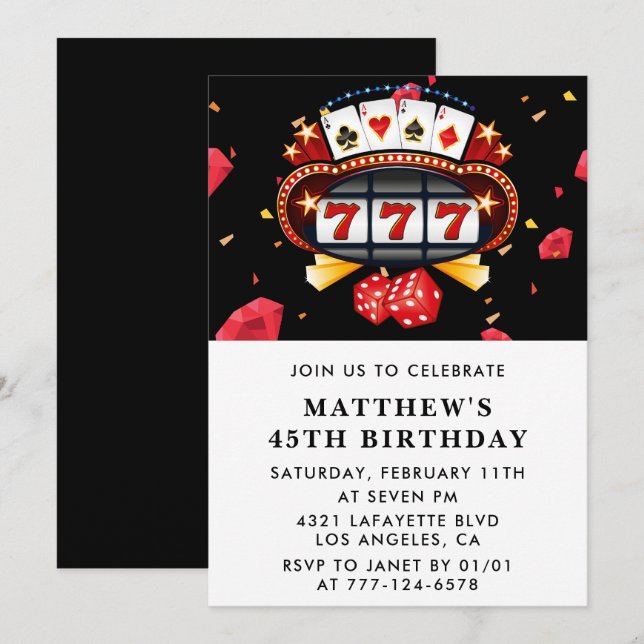45th birthday invitations Casino theme Poker Black (Front/Back)