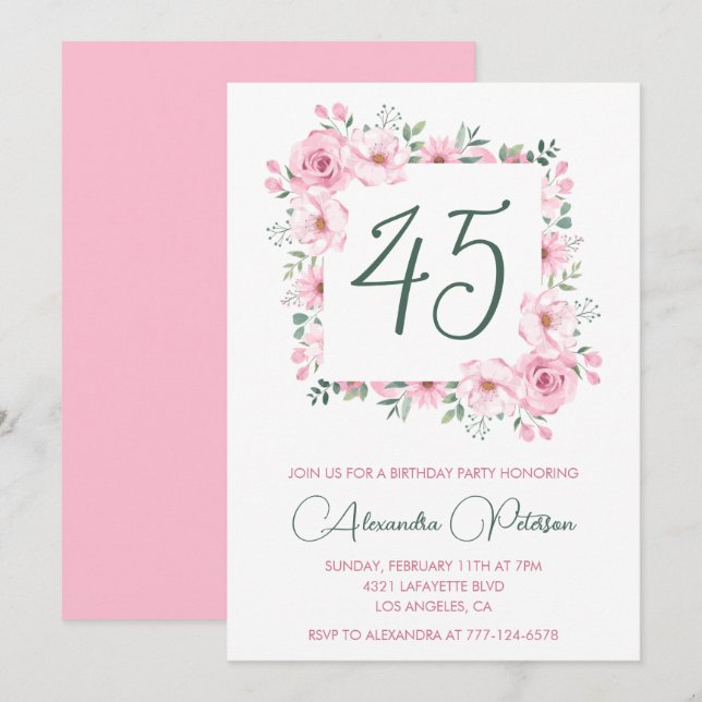 45th birthday invitations Floral Elegant Pink (Front/Back)