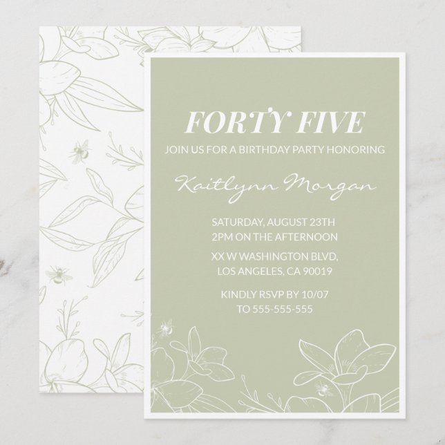 45th birthday invitations Modern Floral Elegant (Front/Back)