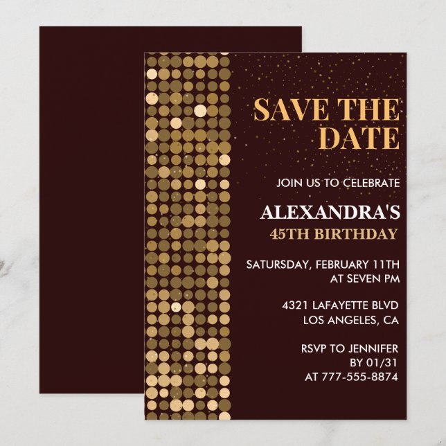 45th birthday invitations Save the date Gold (Front/Back)