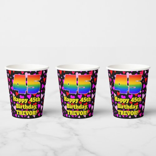 45th Birthday Loving Hearts Pattern Rainbow 45 Paper Cups