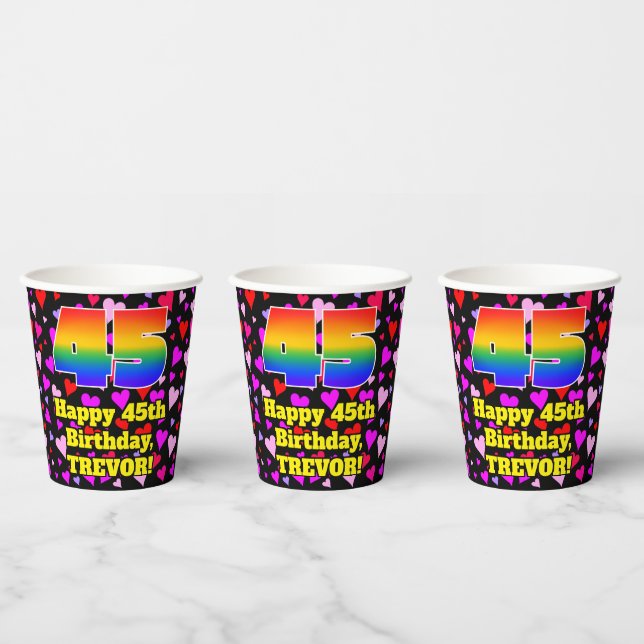 45th Birthday: Loving Hearts Pattern, Rainbow 45 Paper Cups (Multi)