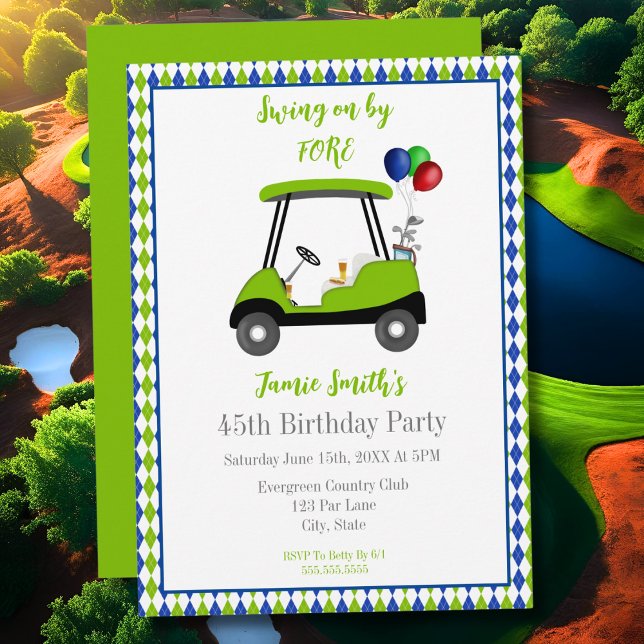45th Birthday Men's Golf Cart Elegant Invitation (Creator Uploaded)