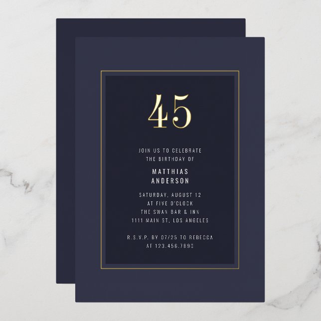45th Birthday Minimal Elegant Dark Gold Frame Foil Invitation (Front/Back)