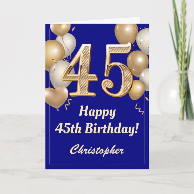 45th Birthday Navy Blue and Gold Balloons Confetti Card (Front)