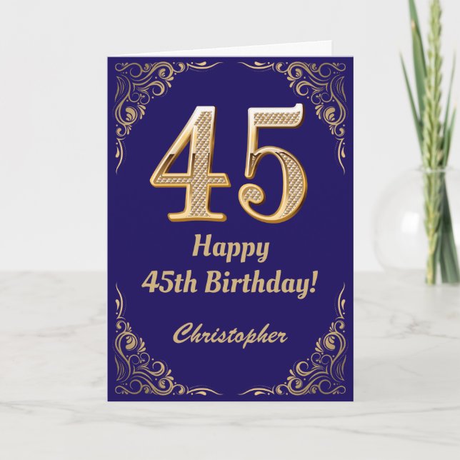 45th Birthday Navy Blue and Gold Glitter Frame Card (Front)