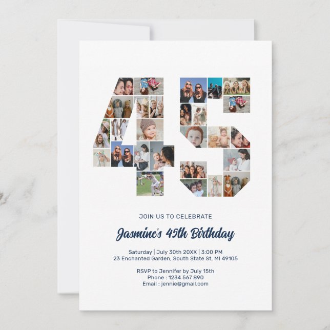45th Birthday Number 45 Custom Photo Collage Invitation (Front)