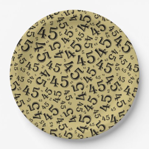 45th Birthday Number Pattern GoldBlack Paper Plates