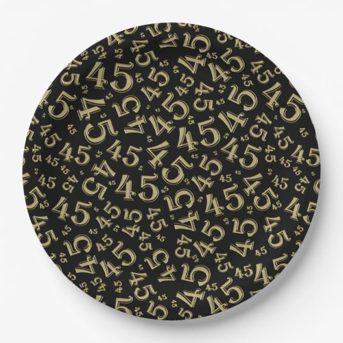 45th Birthday Number Pattern GoldBlack Paper Plates