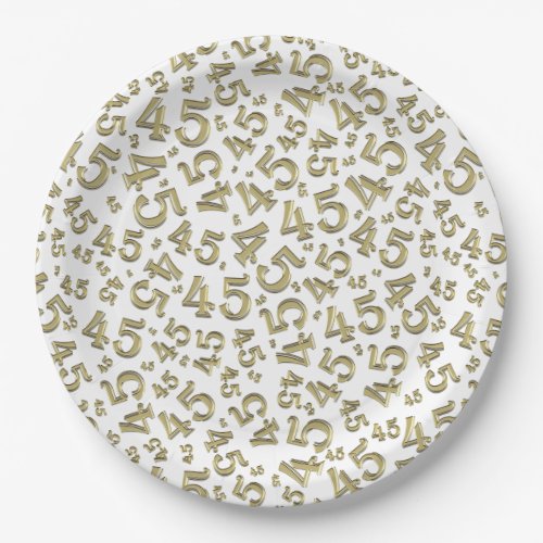 45th Birthday Number Pattern GoldWhite Paper Plates