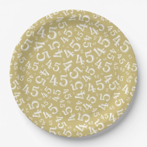 45th Birthday Number Pattern GoldWhite Paper Plates