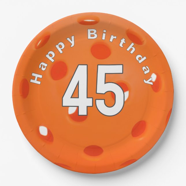 45th Birthday Orange Pickleball Paper Plates (Front)