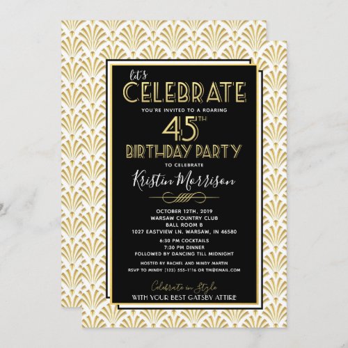 45th Birthday Party Art Deco Gatsby Roaring 1920s Invitation