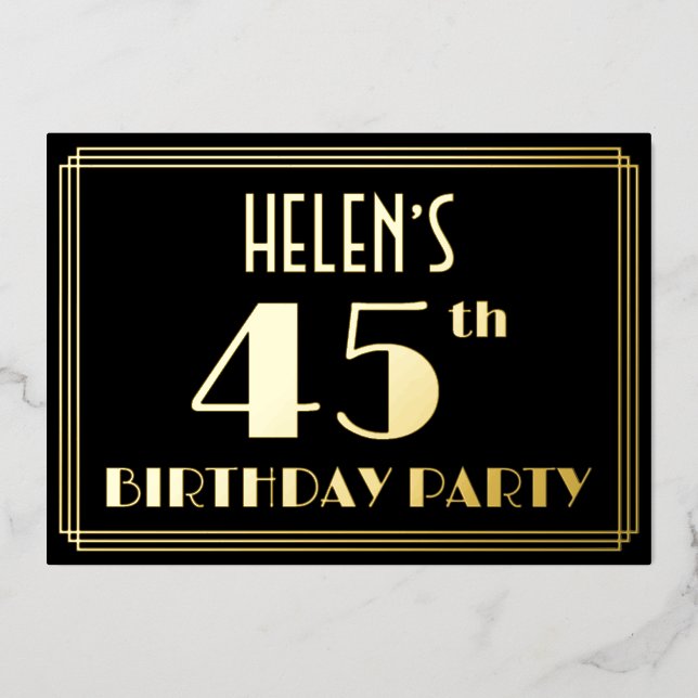45th Birthday Party: Art Deco Look “45”, w/ Name F Foil Invitation (Front)