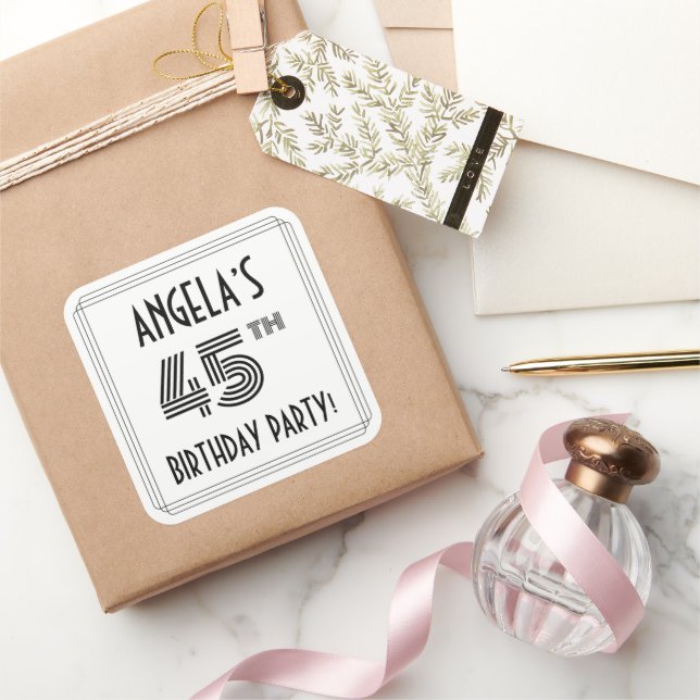 45th Birthday Party: Art Deco Style + Custom Name Square Sticker (Gifting)