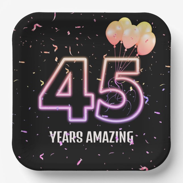45th Birthday Party Balloons and Confetti Paper Plates (Front)