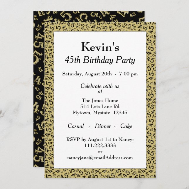 45th Birthday Party, Black/Gold Number Pattern Invitation (Front/Back)
