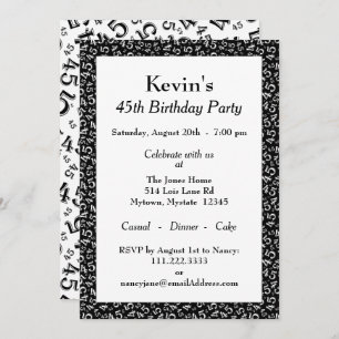 45th Birthday Party, Black/White Number Pattern Invitation