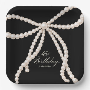 45th Birthday Party Black White Pearl Bow Elegant Paper Plates