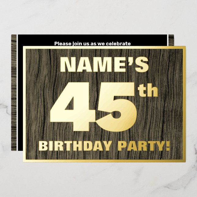 45th Birthday Party: Bold, Faux Wood Grain Pattern Foil Invitation (Front/Back)