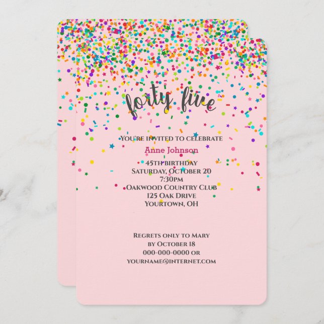 45th Birthday Party confetti Invitation (Front/Back)