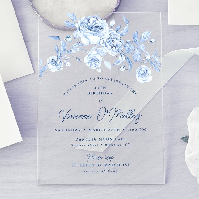 45th Birthday Party Dusty Blue Floral Acrylic Invitations (Creator Uploaded)