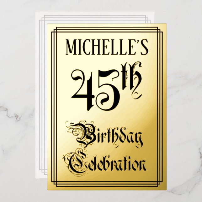 45th Birthday Party — Elegant Script + Custom Name Foil Invitation (Front/Back)