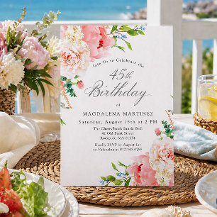 45th Birthday Party Feminine Pink Roses Floral Invitation