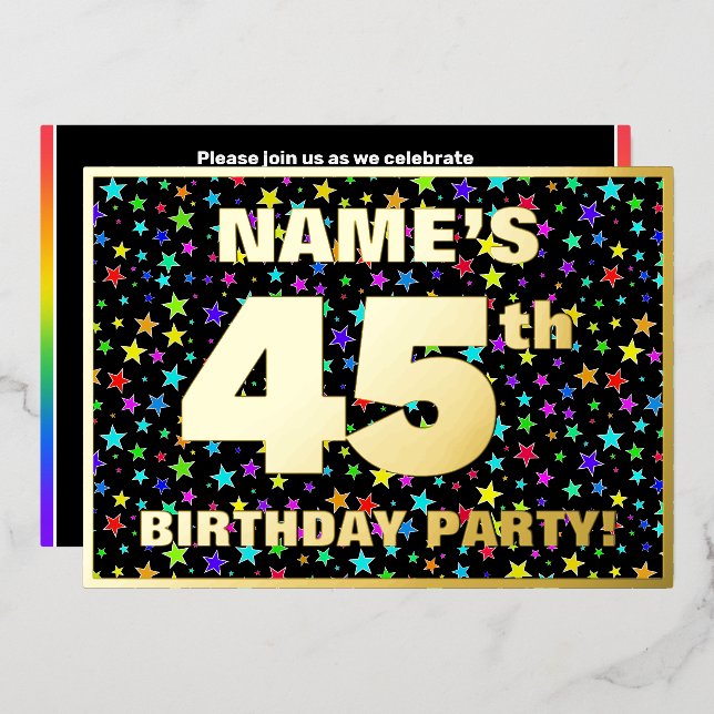 45th Birthday Party — Fun, Colorful Stars Pattern Foil Invitation (Front/Back)
