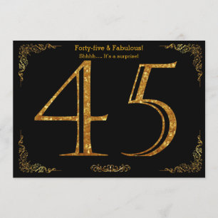 45th Birthday party,Gatsby styl,black gold glitter Invitation