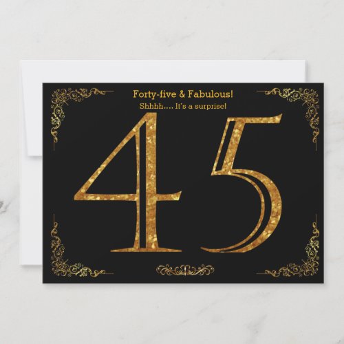 45th Birthday partyGatsby stylblack gold glitter Invitation