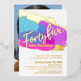 45th Birthday party gold photo bright abstract Foil Invitation