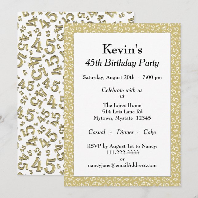 45th Birthday Party, Gold/White Number Pattern Invitation (Front/Back)