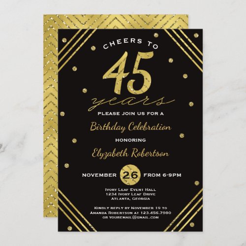 45th Birthday Party Invitation Cheers Faux Gold Invitation