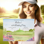 45th Birthday Party Pink Golf Cart Golf Course Invitation<br><div class="desc">This charming watercolor features a pine-lined golf course and a playful pink golf cart, framed by soft pink astilbe and blooming Russian sage—creating a lighthearted, serene setting perfect for a 45th birthday celebration. Ideal for the woman who loves golf and beautiful details, this invitation blends floral elegance with sporty fun....</div>